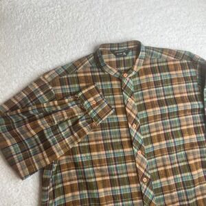 60s 70s JCpenny men's plaid paper thin collarless button up shirt vintage xl